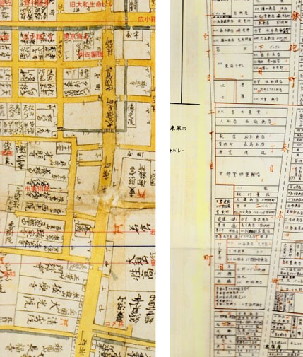 地図1:宝暦12年名護屋路見大図より地図2:白川町・昭和34年左側はアメリカ村